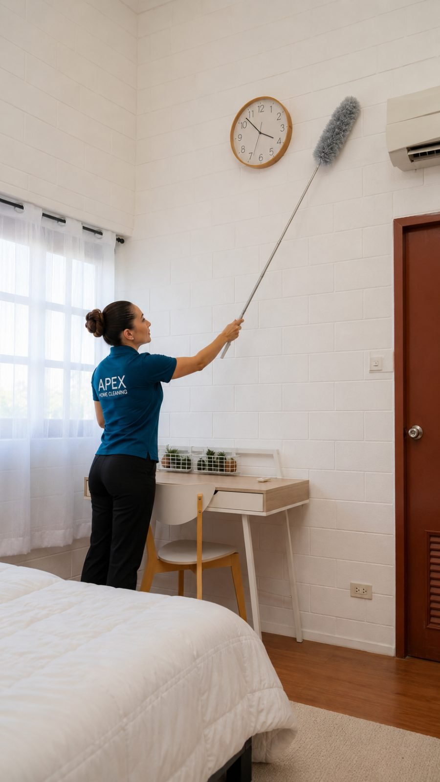 Apex cleaning professional using an extension duster to reach high walls and a clock in a French Valley bedroom