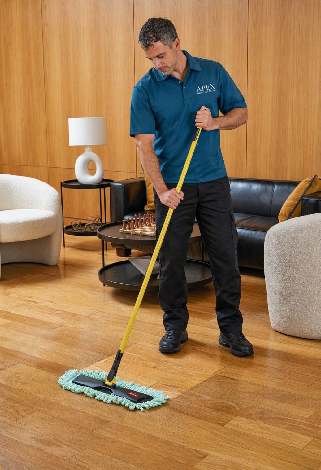 Apex cleaning professional dust-mopping a hardwood living room floor in a French Valley home