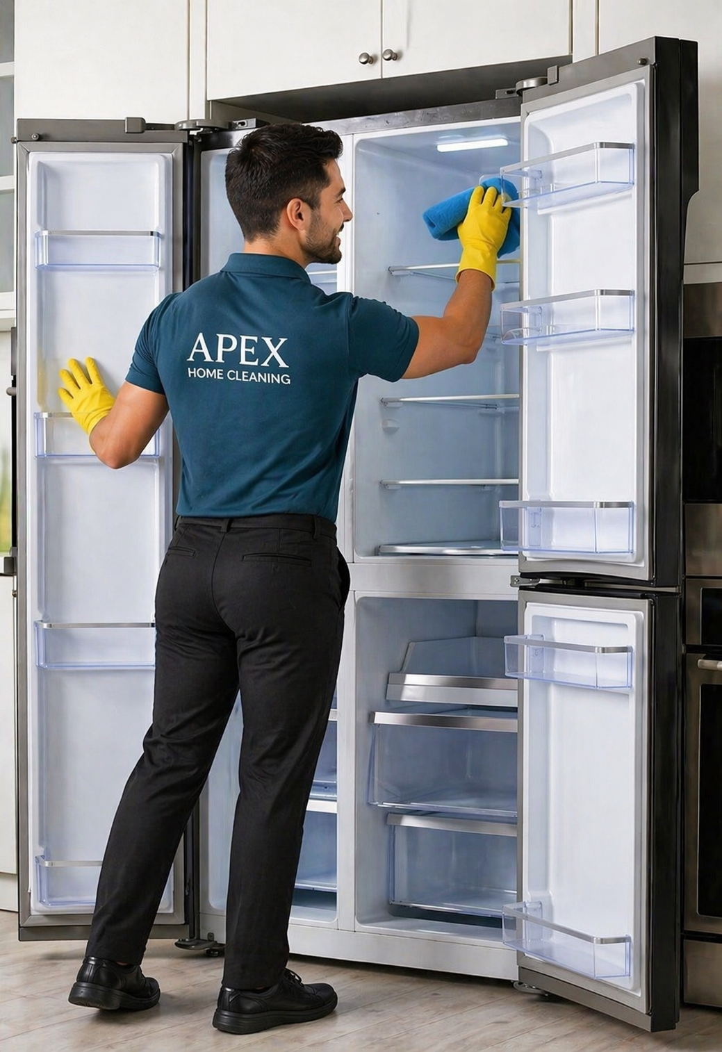 Apex cleaning professional wiping down the inside of a refrigerator in a Hemet kitchen