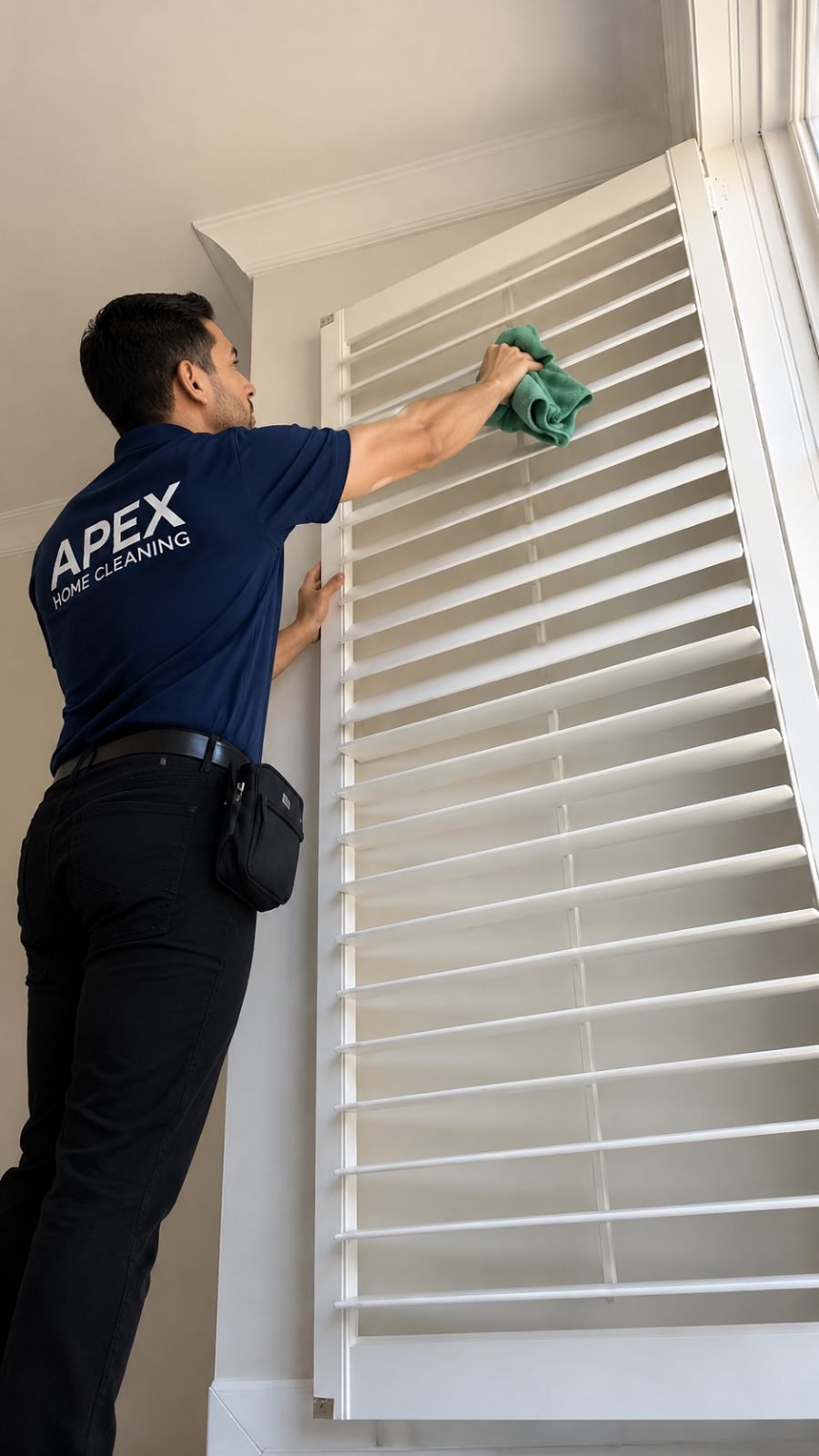 Apex cleaning professional dusting wood window blinds in a Moreno Valley home