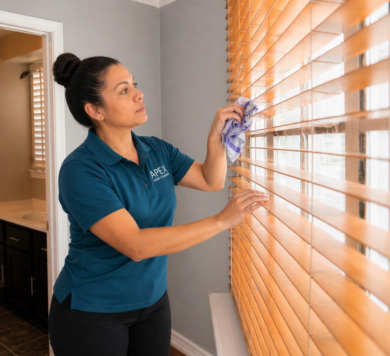 Apex cleaning professional dusting white plantation shutters in a Moreno Valley home
