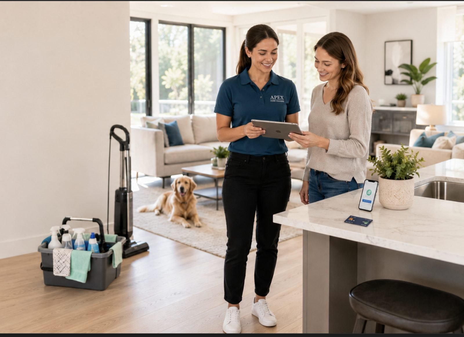 Apex cleaning professional reviewing a cleaning plan on a tablet with a Perris homeowner