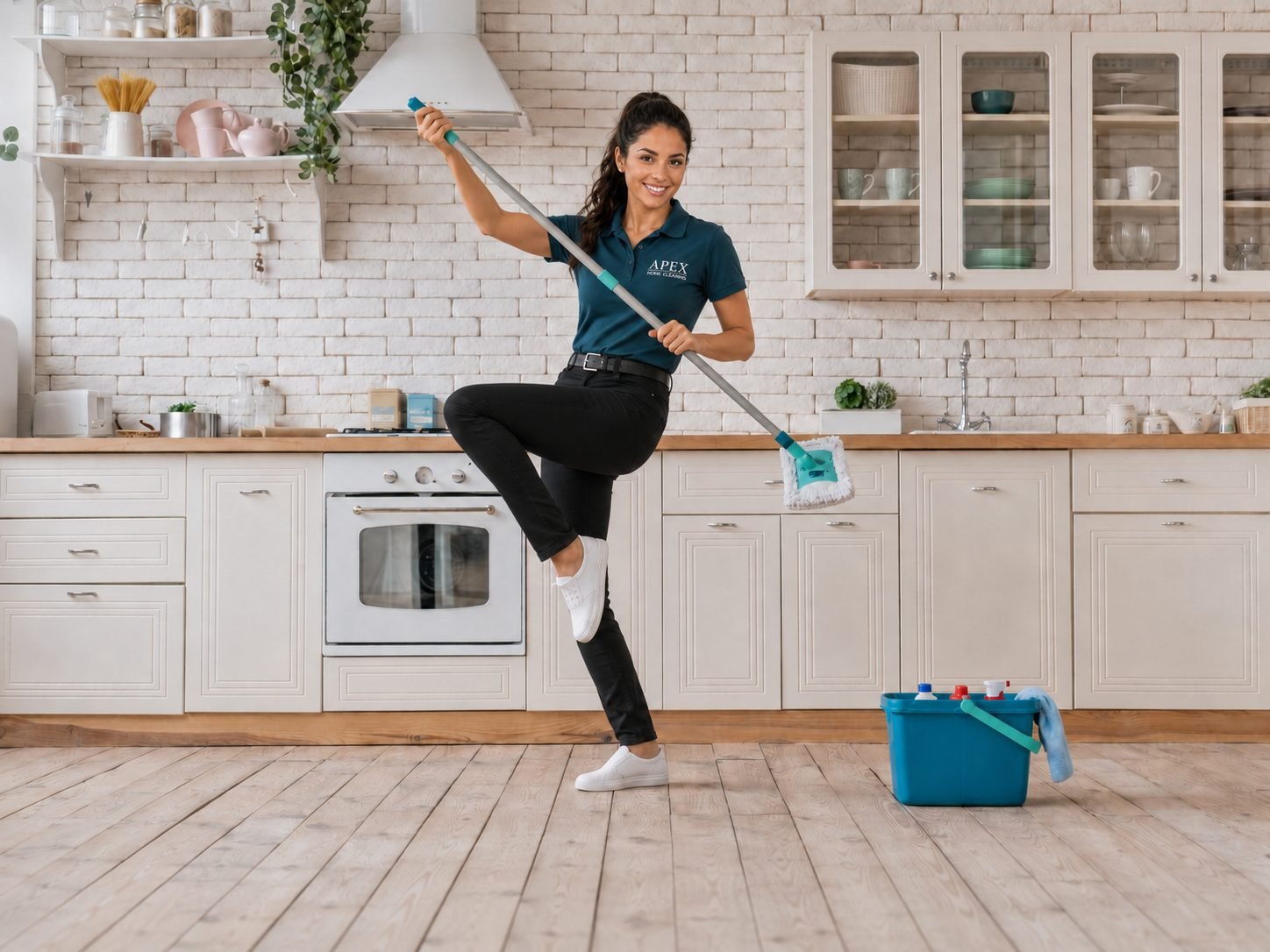 Apex cleaning professional mopping a hardwood kitchen floor in a Perris home
