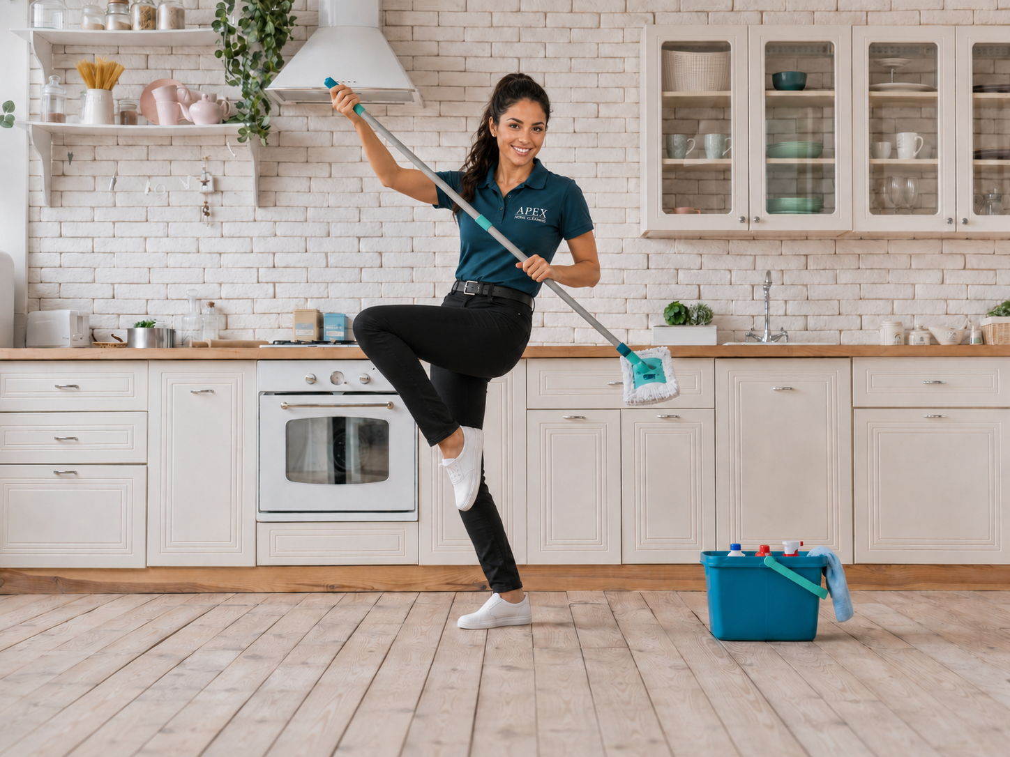 Apex cleaning professional mopping a hardwood kitchen floor in a Perris home