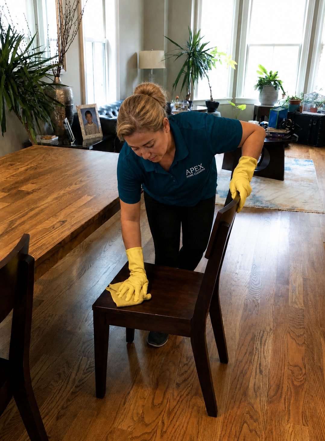 Apex cleaning professional wiping down dining chairs in a Riverside living and dining room