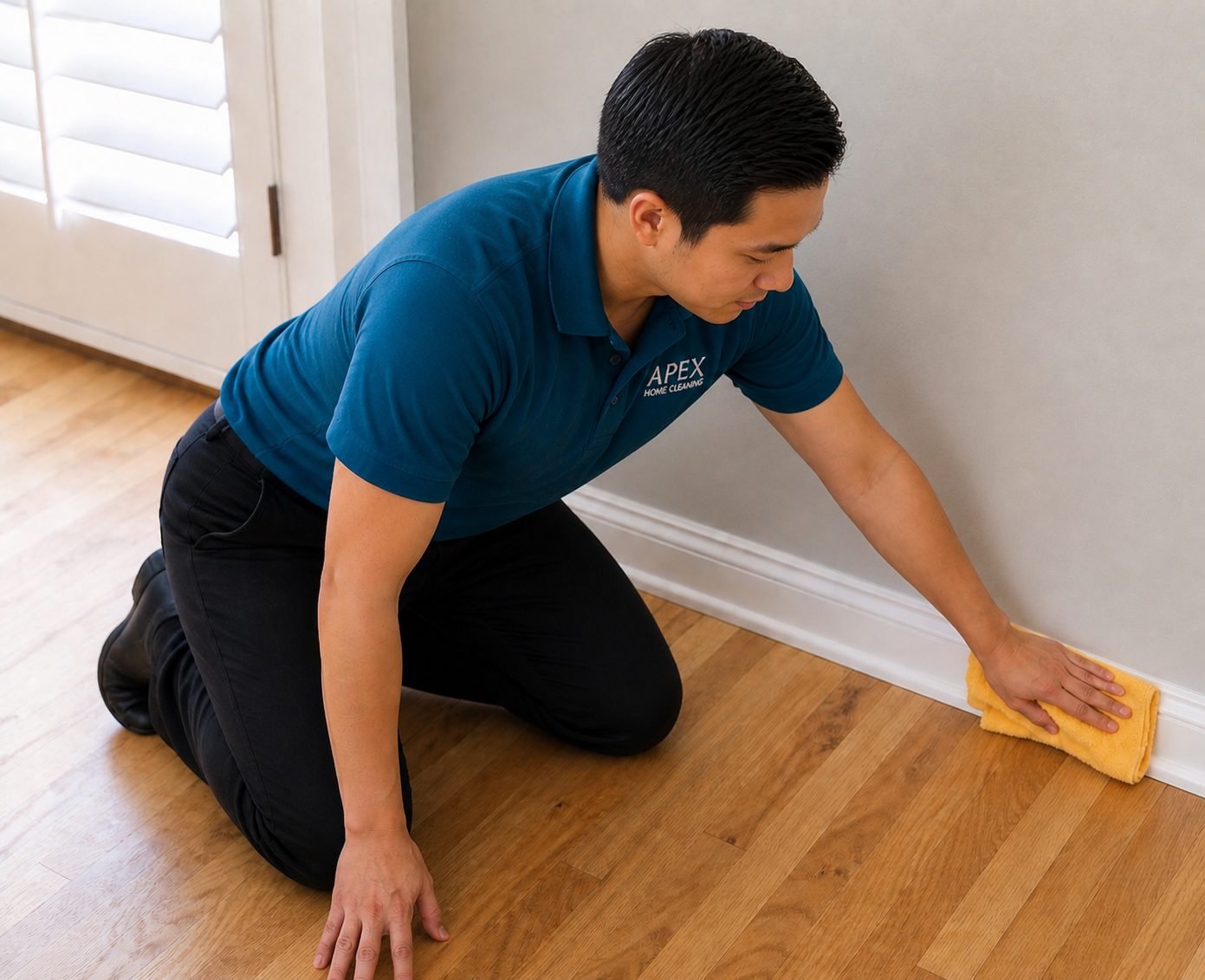Apex cleaning professional wiping baseboards and hardwood floor edges in a Riverside home