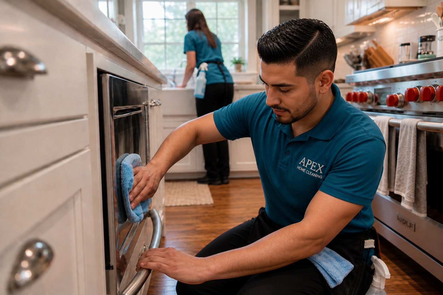 Apex cleaning team refreshing a kitchen — wiping the oven and cleaning the sink in a San Jacinto home