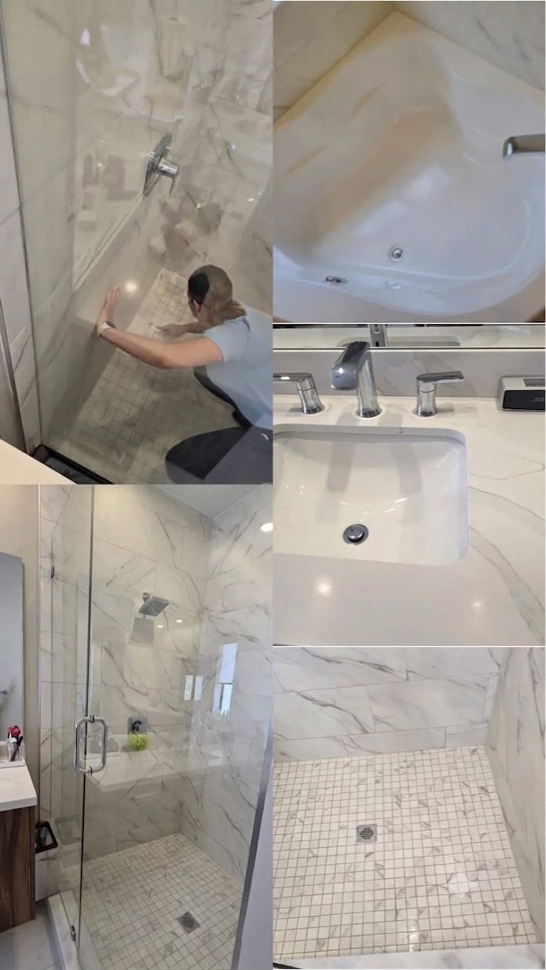 Apex cleaning professional detailing a marble shower, sink and tub — before-and-after bathroom results in a Temecula home