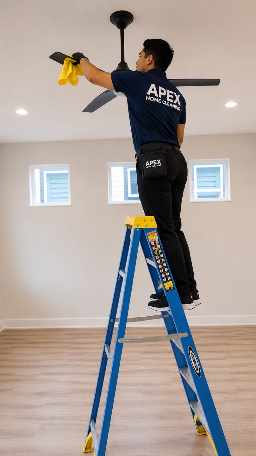 Apex cleaning professional on a ladder dusting a ceiling fan in a Wildomar home