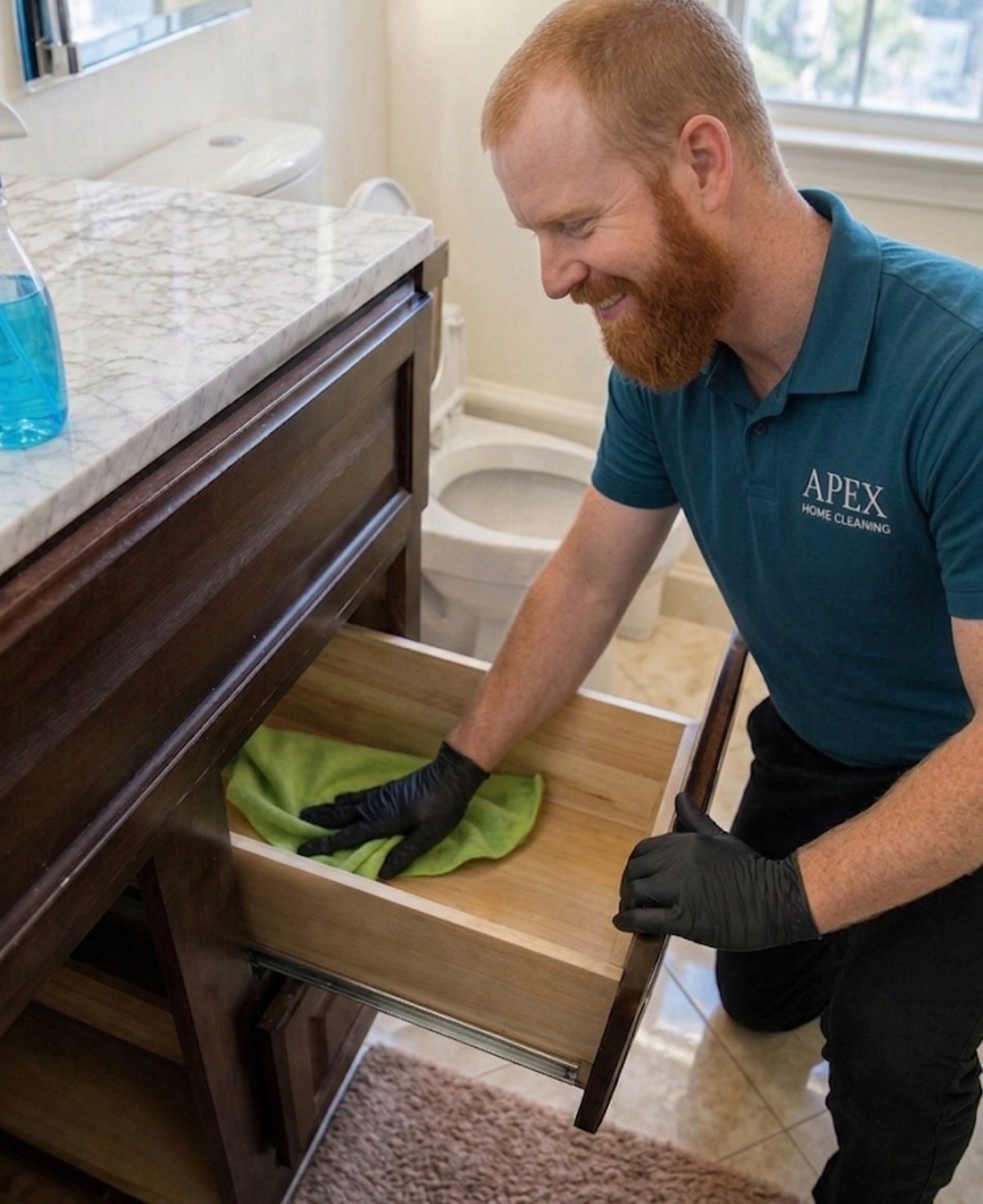 Apex cleaning professional wiping down a bathroom vanity drawer in a Winchester home