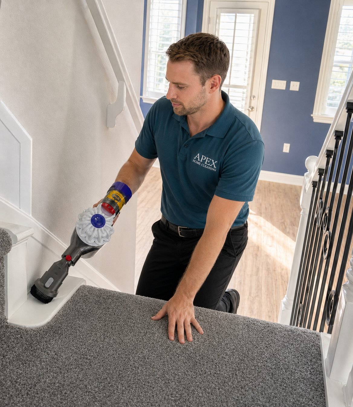 Apex cleaning pro vacuuming carpeted stairs in a Corona home