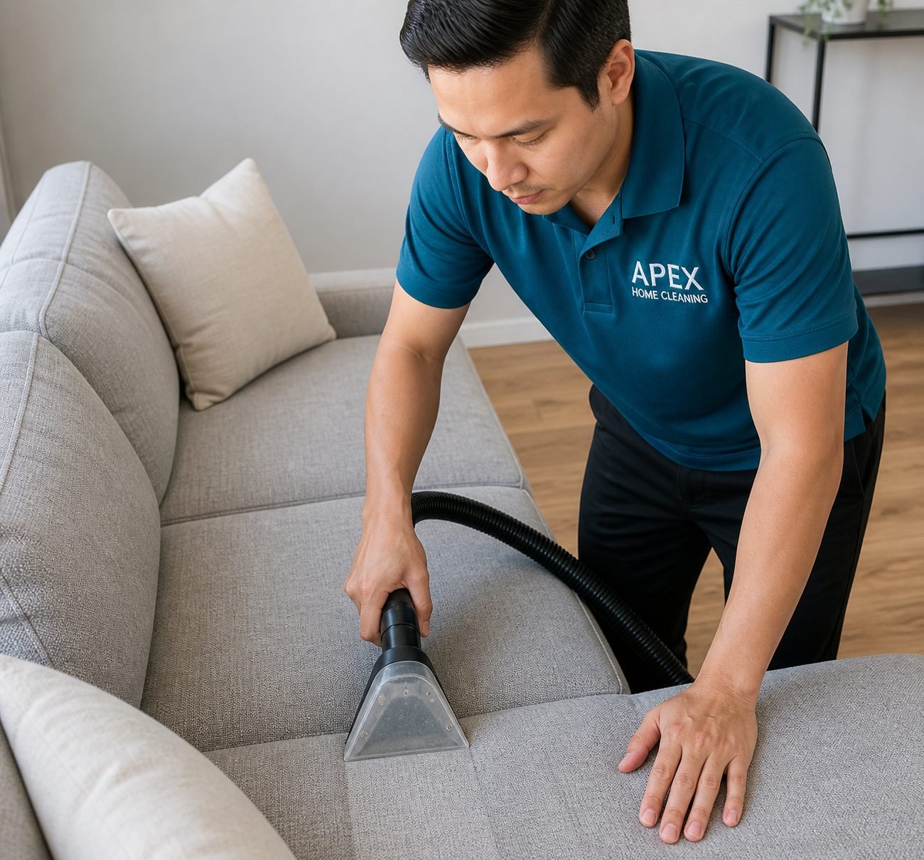 Apex cleaning pro vacuuming a sofa in a Fallbrook home