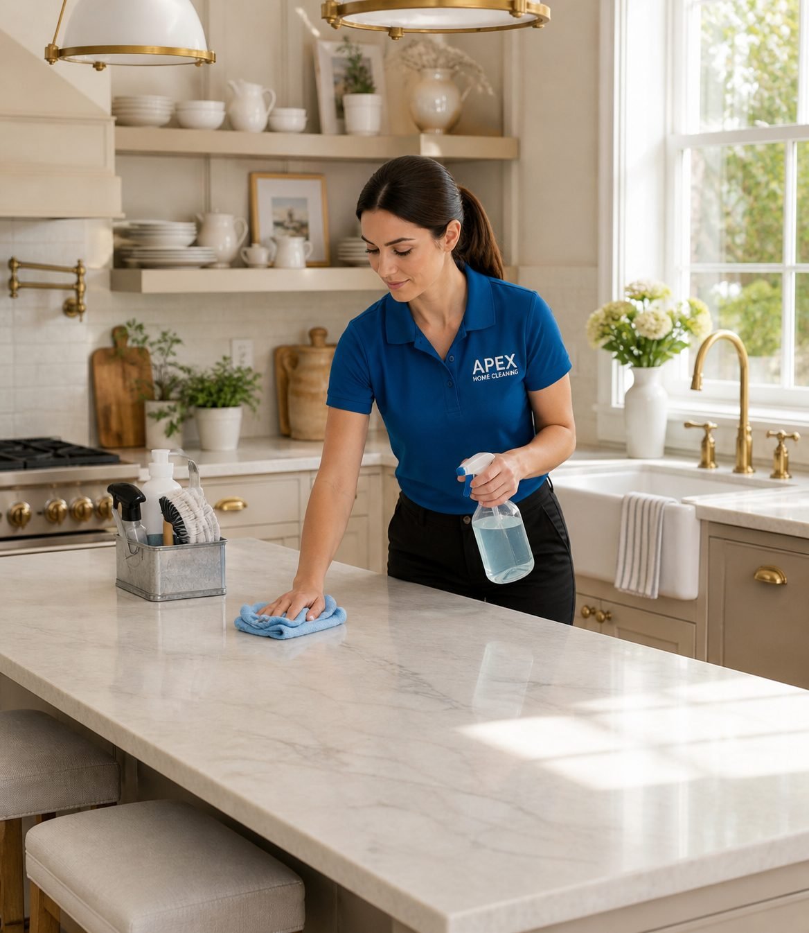 Apex cleaning pro sanitizing a kitchen counter in a Hemet home