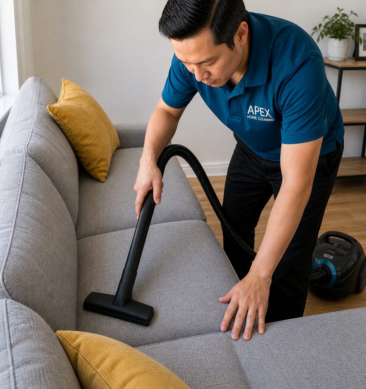 Apex cleaning pro vacuuming a sofa in a Murrieta living room