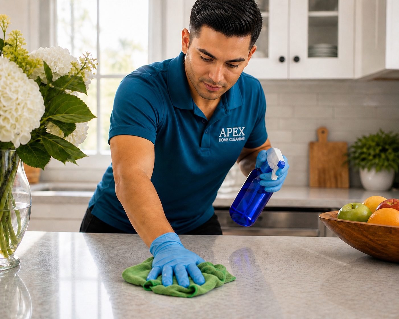 Apex cleaning pro sanitizing a kitchen counter in a San Jacinto home