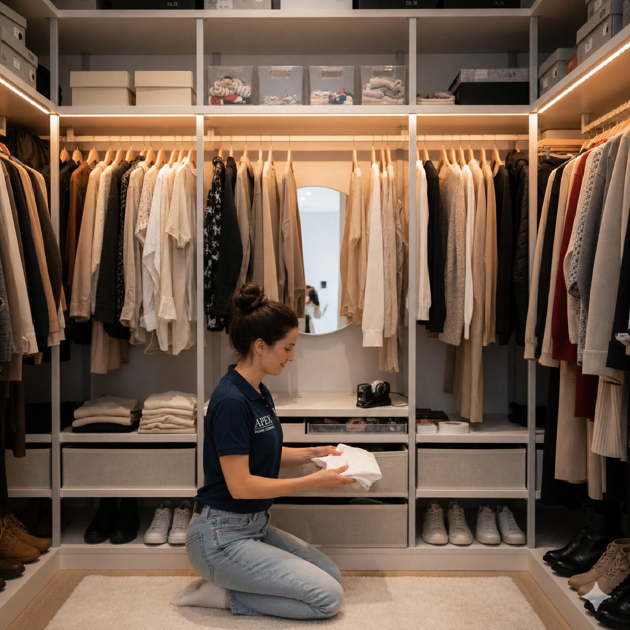 Apex maid folding laundry into a closet drawer