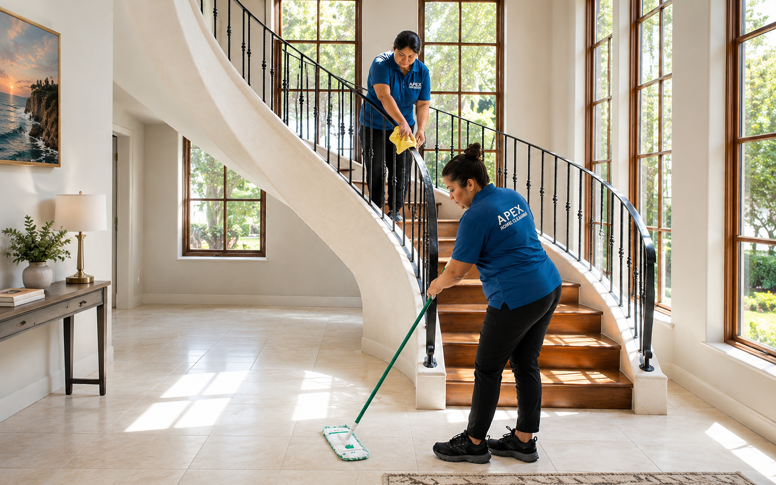 Apex maids mopping an entry floor and wiping a stair railing
