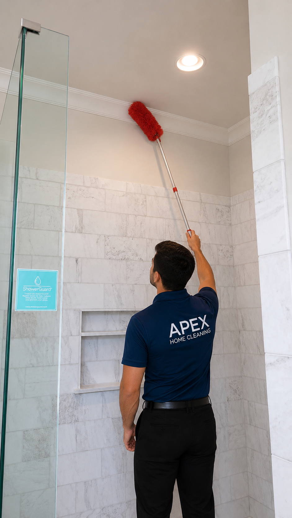 Apex maid dusting a marble shower in a San Jacinto home