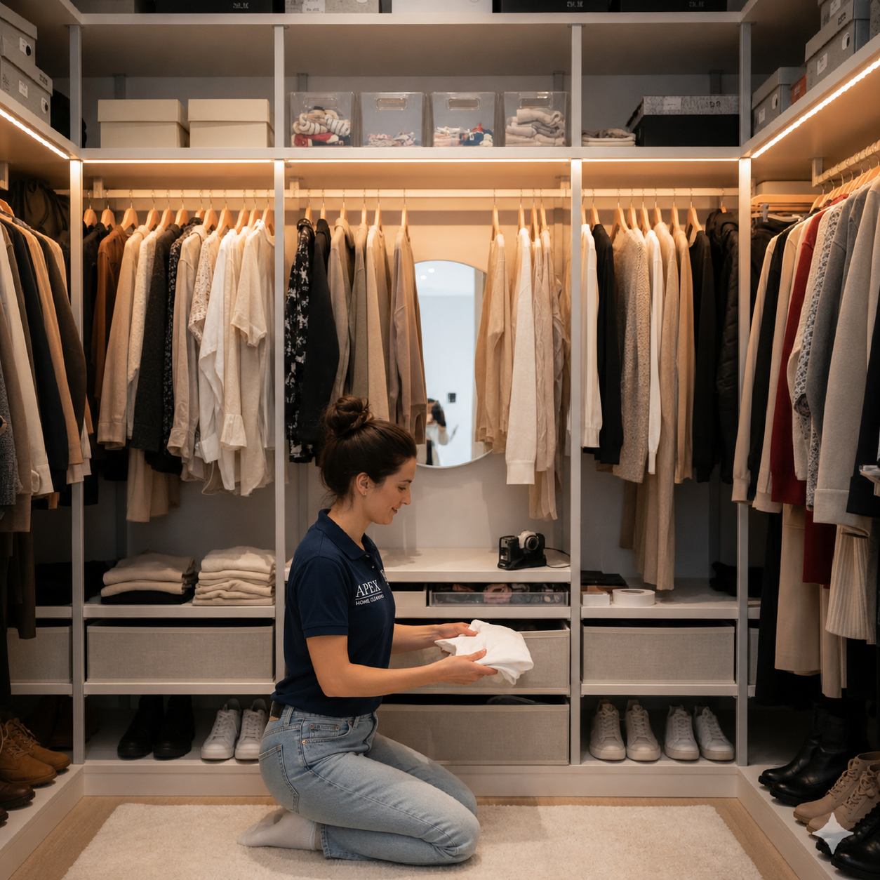 Apex Mother's Helper folding laundry and organizing a closet in a Murrieta home