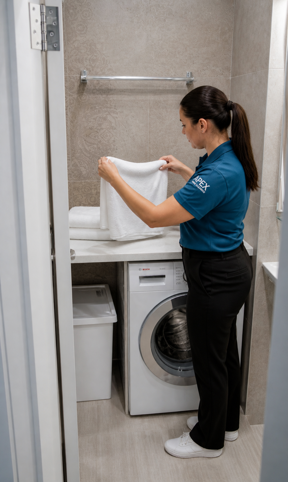 Apex Mother's Helper folding fresh towels in a Perris home laundry area
