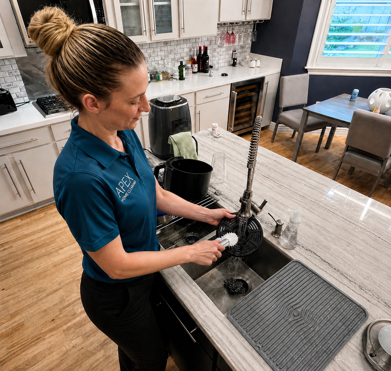 Apex Home Cleaning professional scrubbing a kitchen sink with a brush in a Canyon Lake home