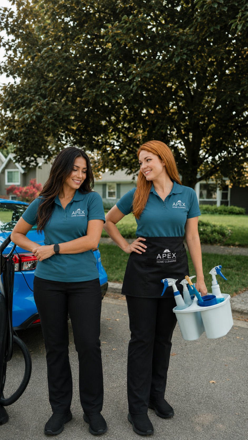 Two uniformed Apex Home Cleaning professionals arriving with supplies outside a Fallbrook home