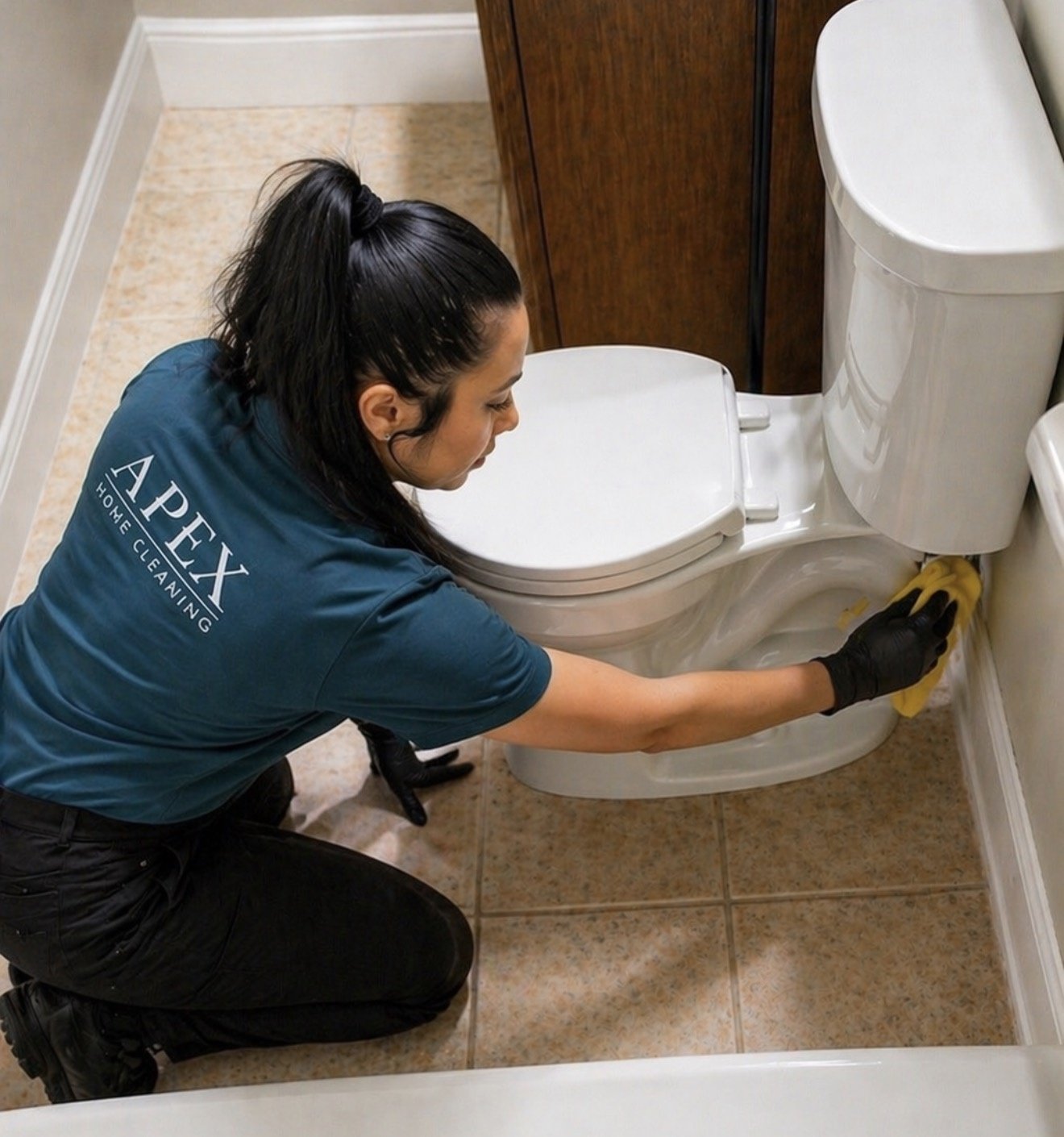 Apex cleaning professional sanitizing the base of a toilet in a Hemet bathroom