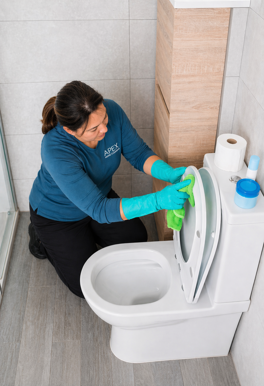Apex cleaning professional sanitizing a toilet in a Lake Elsinore bathroom