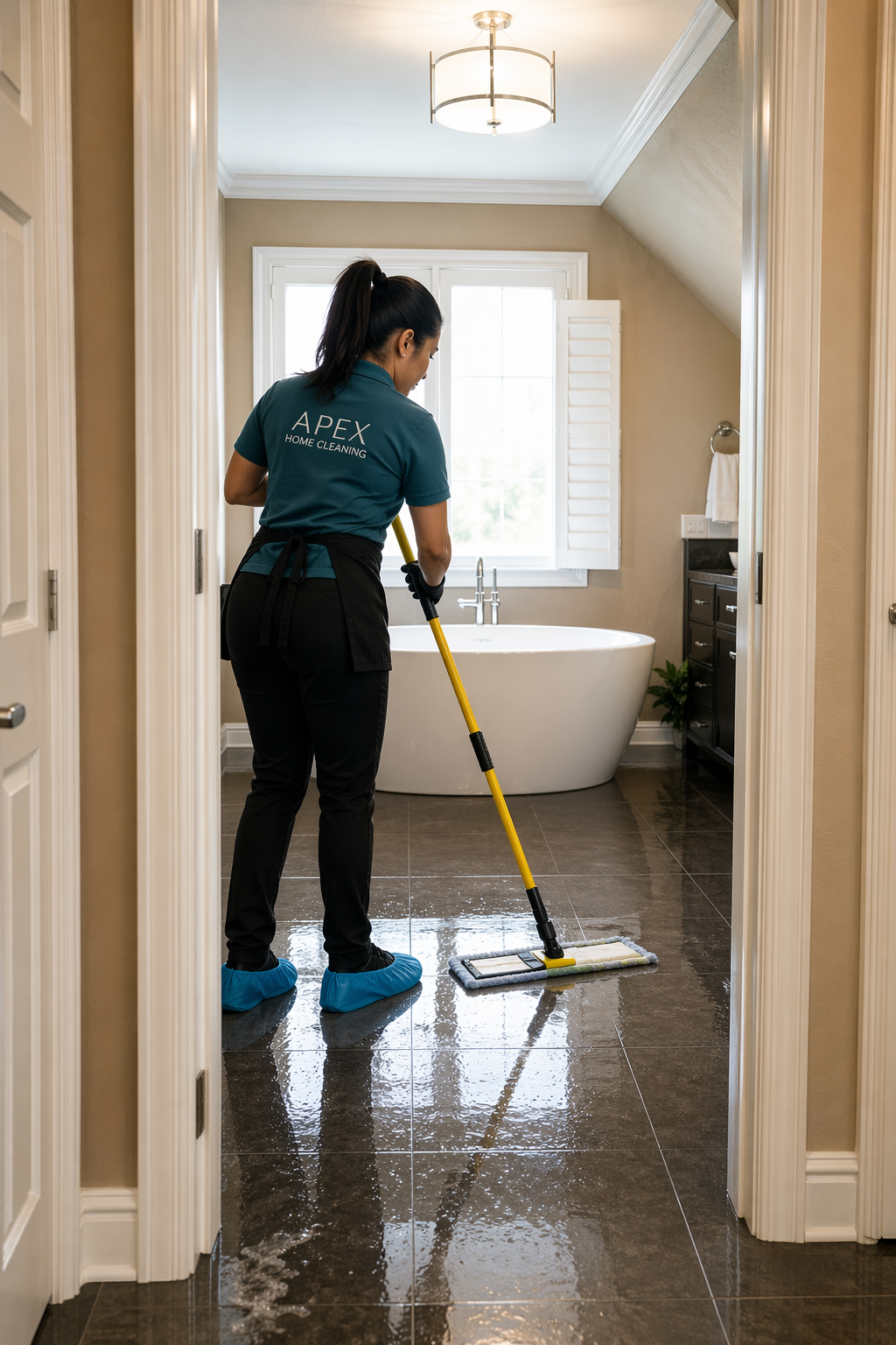Apex cleaning professional mopping a dark tile bathroom floor in a Menifee home