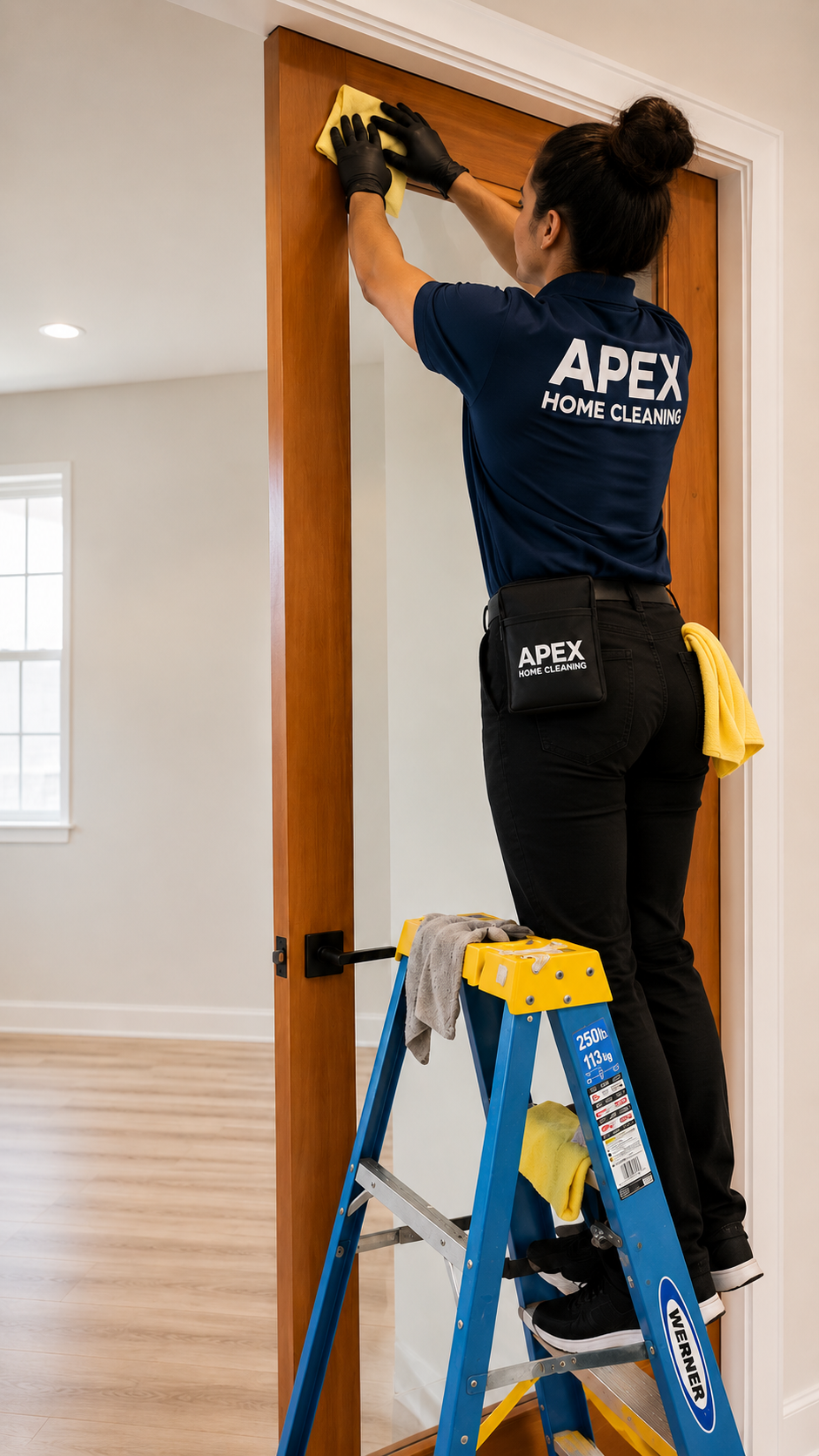Apex Home Cleaning professional detailing the top of a doorframe in a Riverside home