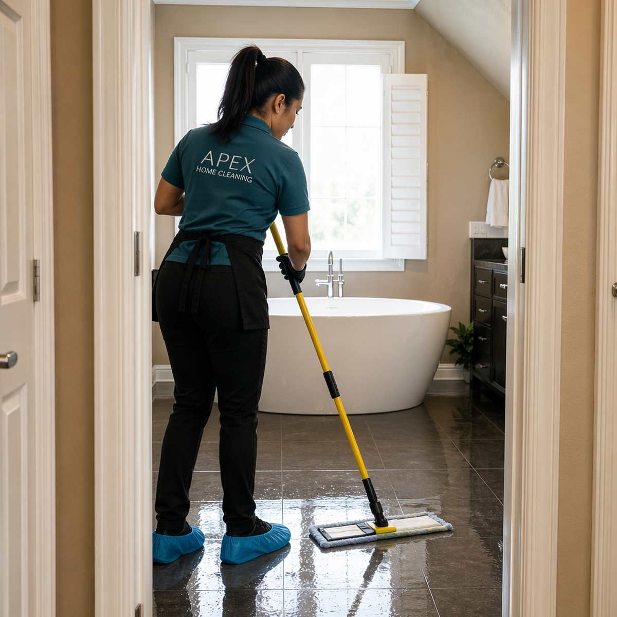Apex Home Cleaning professional mopping a tile bathroom floor during a move-out clean