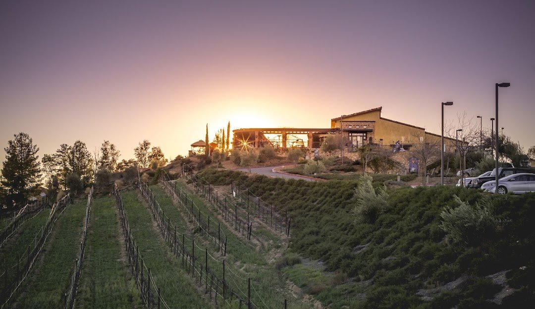 A hilltop winery near Murrieta at sunset with vineyard rows in the foreground