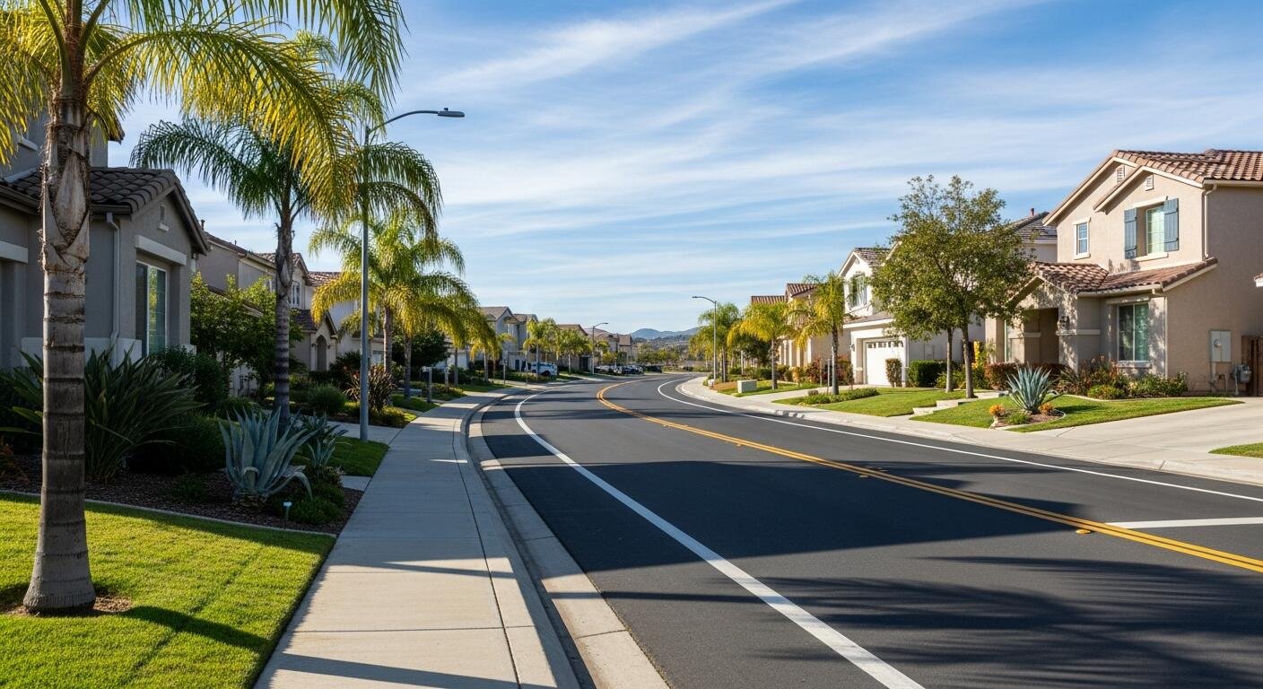 A quiet, palm-lined residential street in a Murrieta neighborhood
