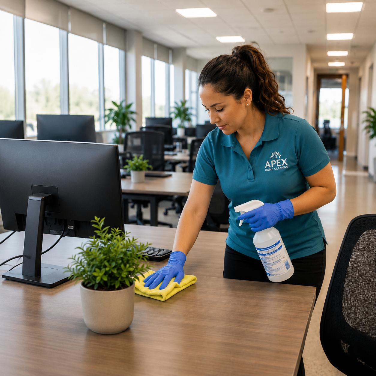 Apex Home Cleaning professional wiping down a desk in an open office
