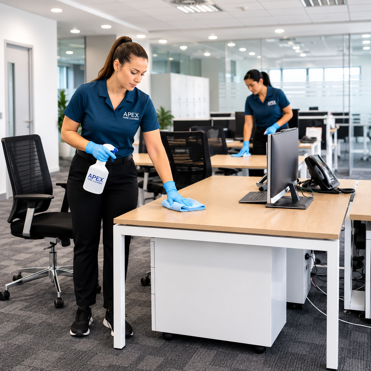 Apex cleaning pros wiping down desks in a Fallbrook office