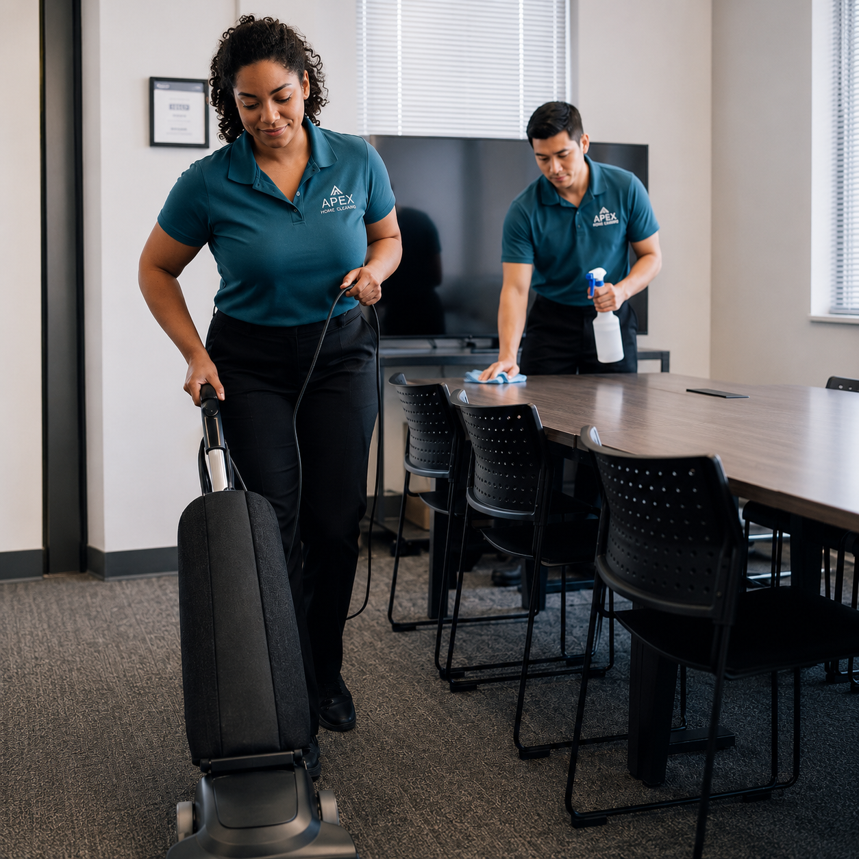 Apex cleaning pros vacuuming and wiping down a conference room in a French Valley office