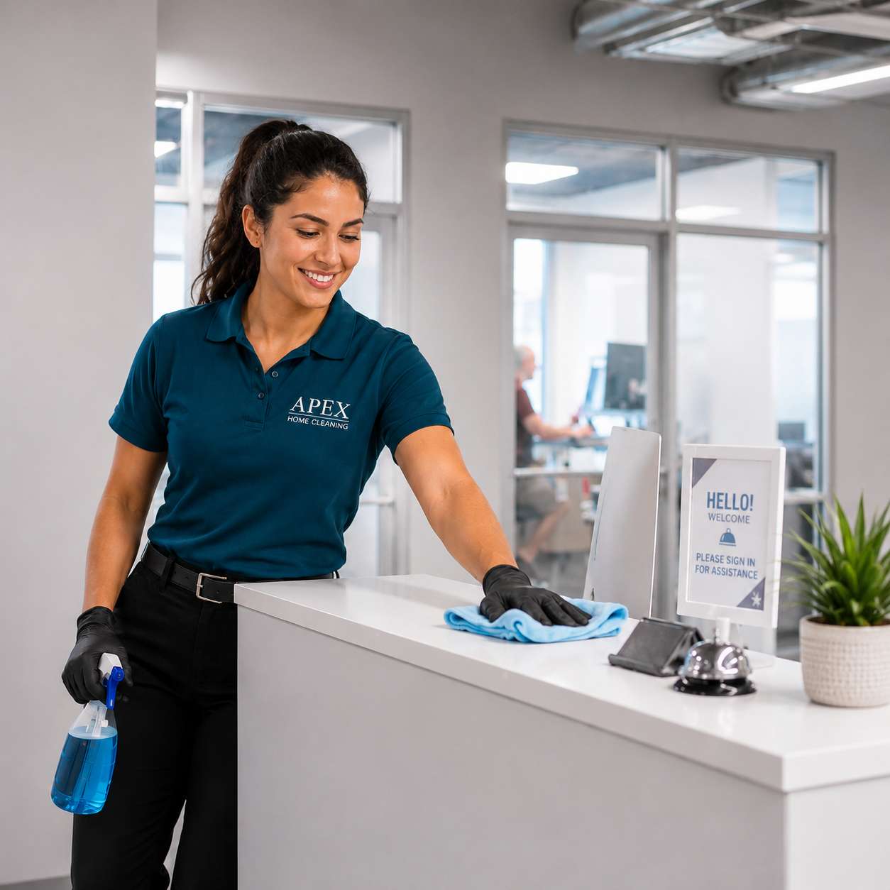 Apex cleaning pro wiping down a reception desk in a Menifee office