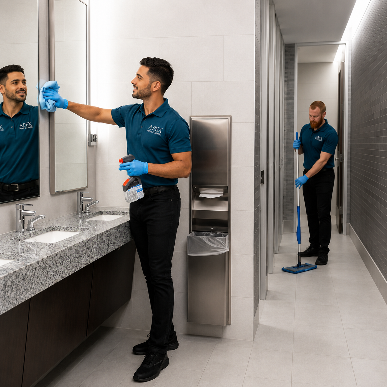 Apex cleaning pros disinfecting a restroom in a Menifee office