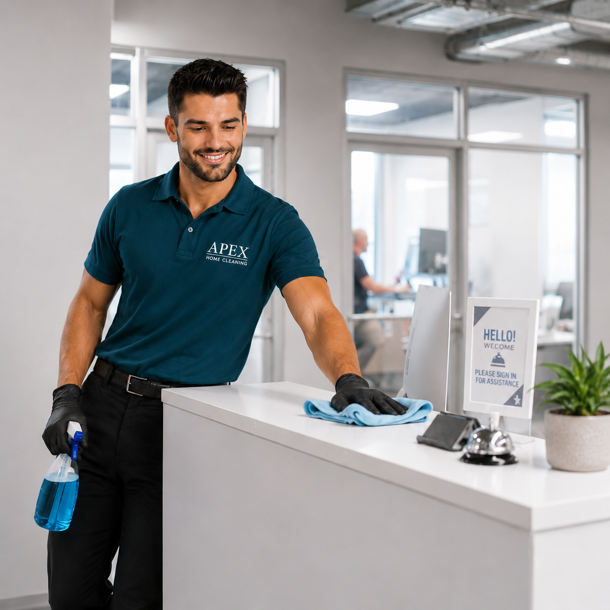 Apex cleaning pro wiping down a reception desk in a San Jacinto office