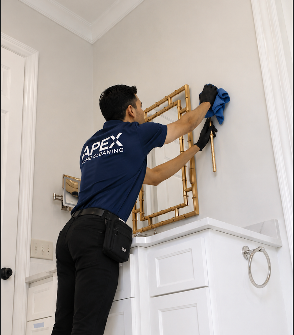 Apex pro wiping down a framed mirror in a Canyon Lake bathroom