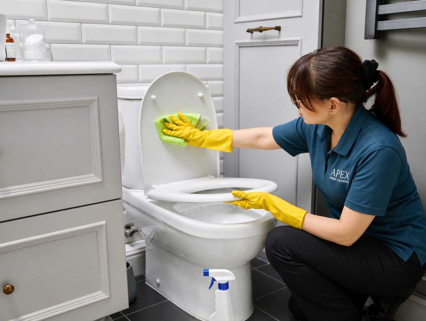 Apex professional sanitizing a toilet and bathroom fixtures in a Corona home