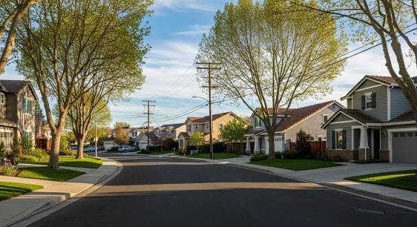 A quiet tree-lined residential street of newer homes in French Valley, California
