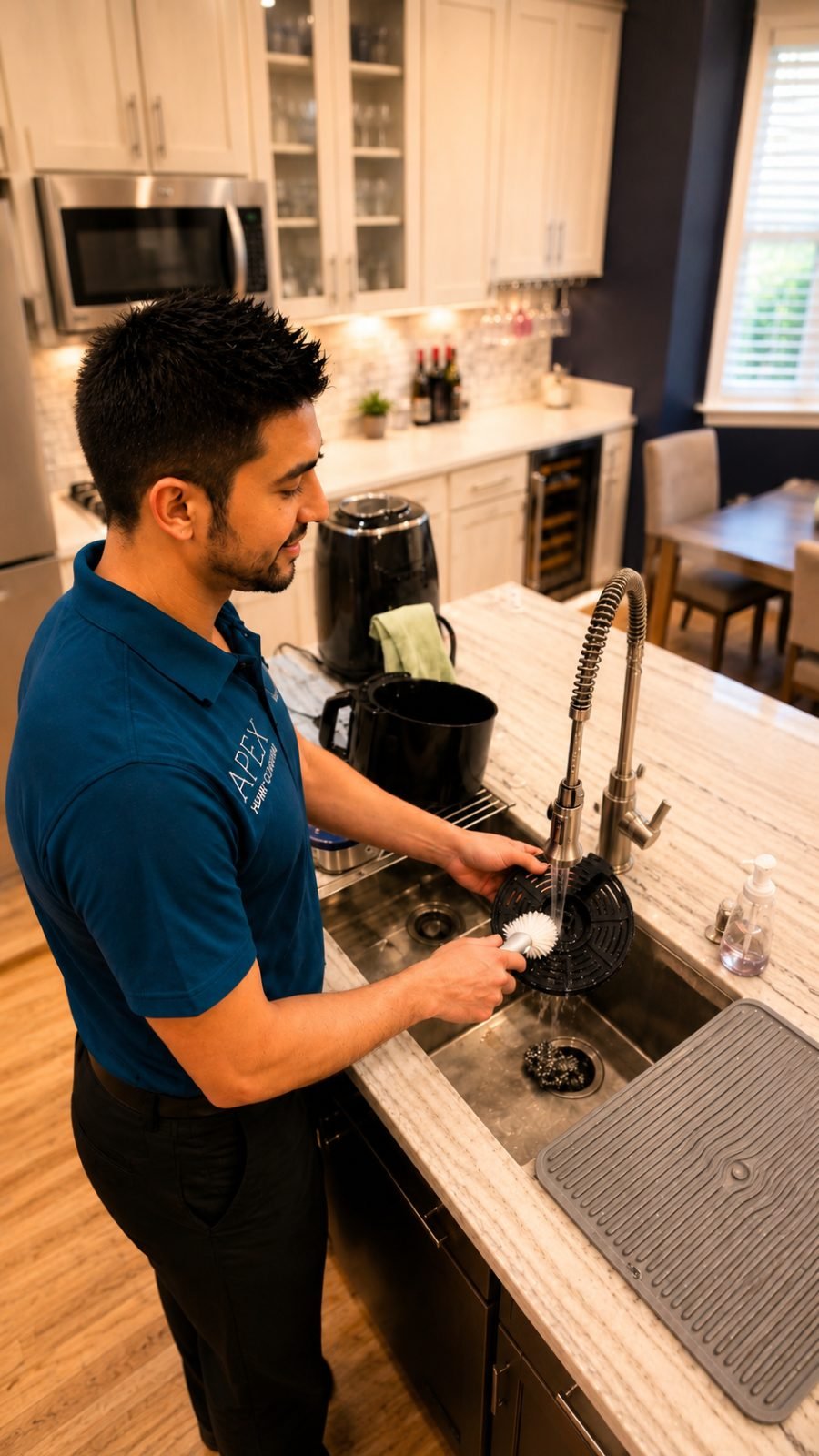 Apex Home Cleaning professional rinsing a sink strainer at the kitchen faucet in a Menifee home