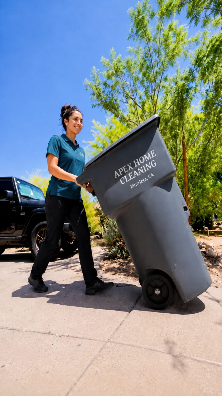 Apex professional rolling a branded trash bin out to the curb at a Menifee home