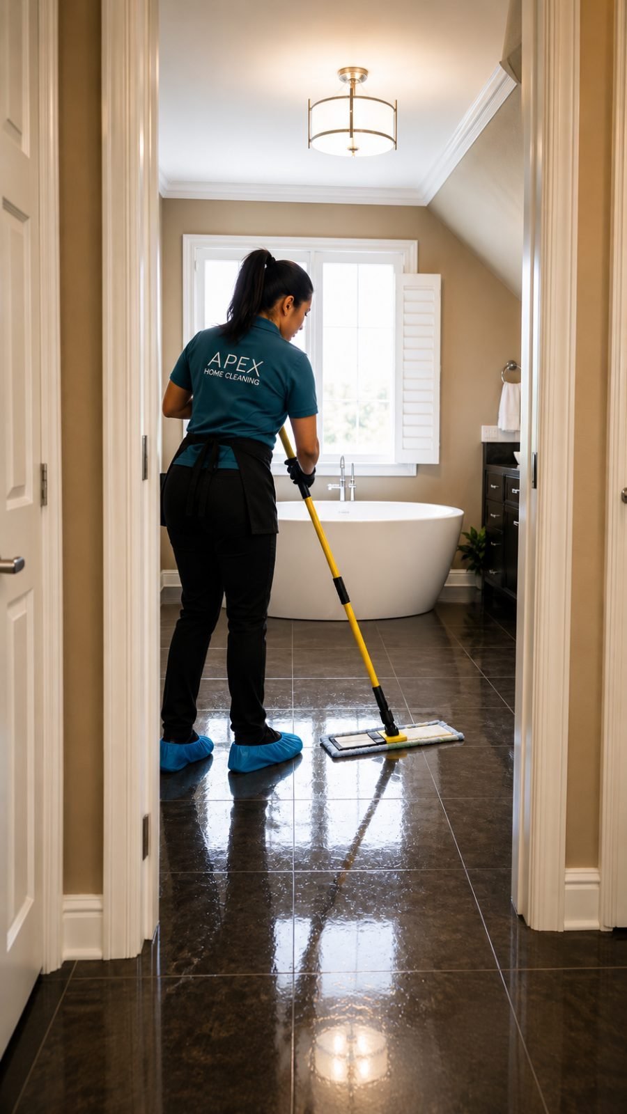 Apex Home Cleaning professional loading fresh towels into the laundry in a Perris home