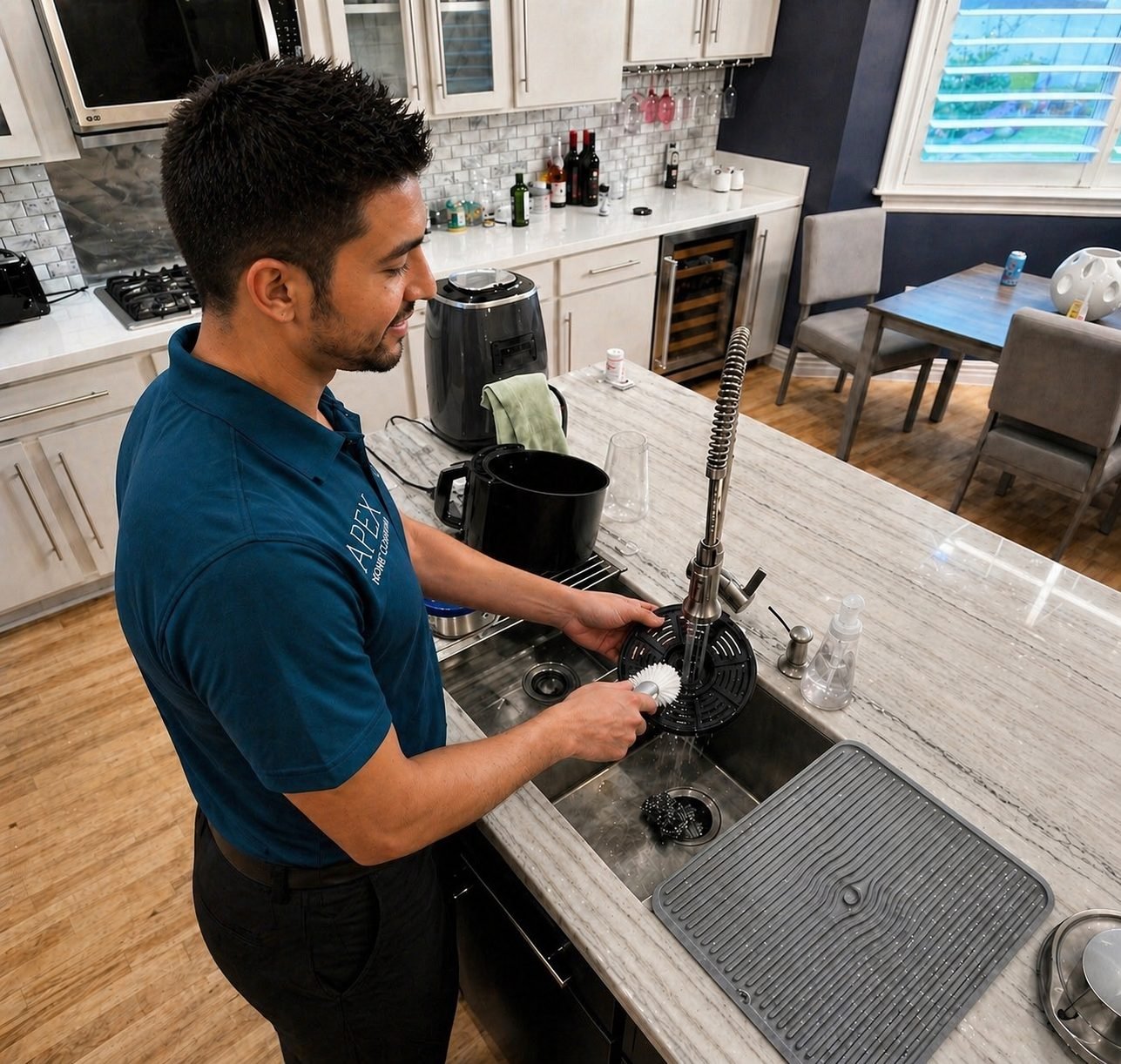 Apex Home Cleaning professional sanitizing a toilet and tile floor in a Riverside bathroom
