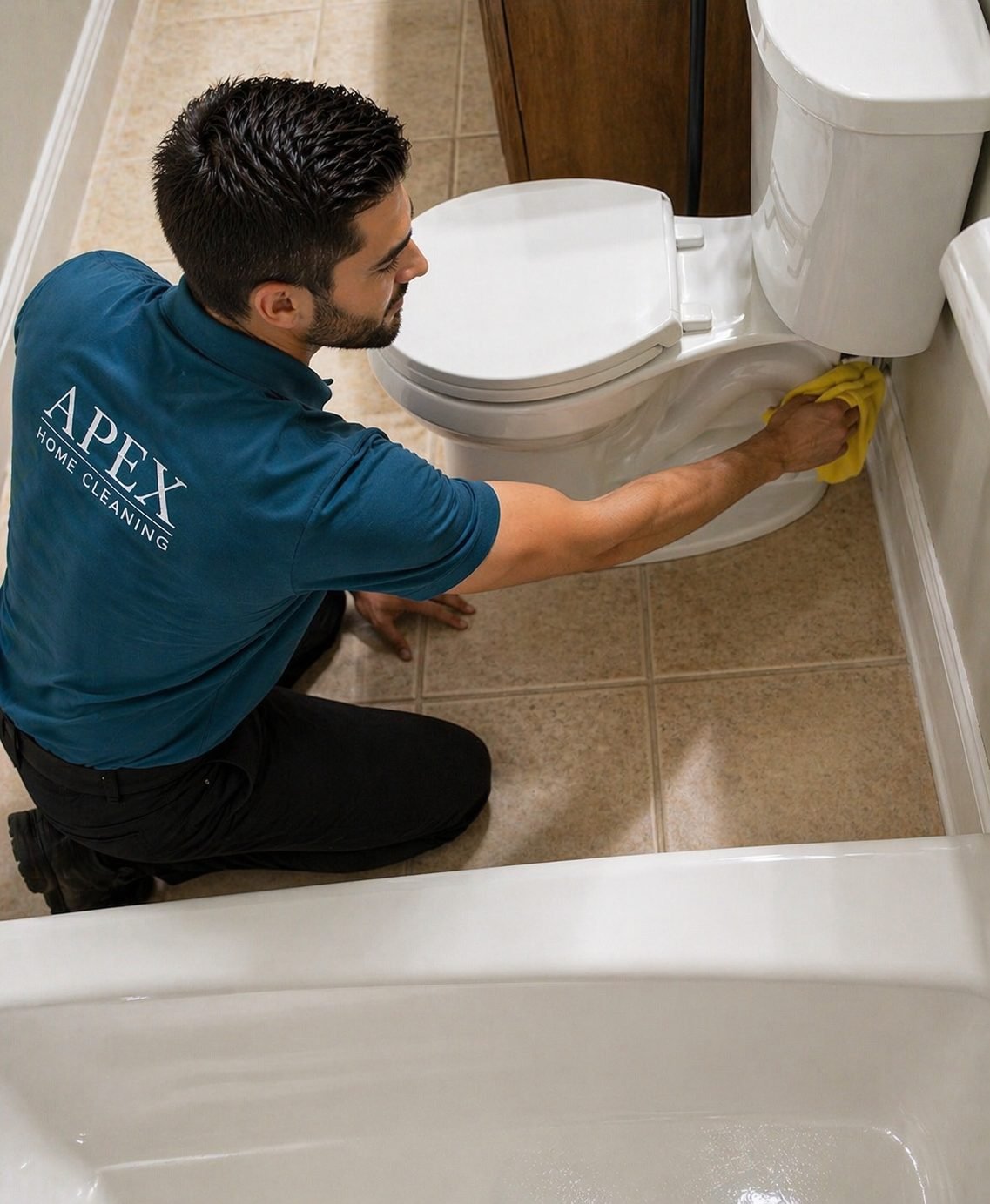 Apex pro kneeling to wipe a baseboard along a marble-tile floor in a Riverside home