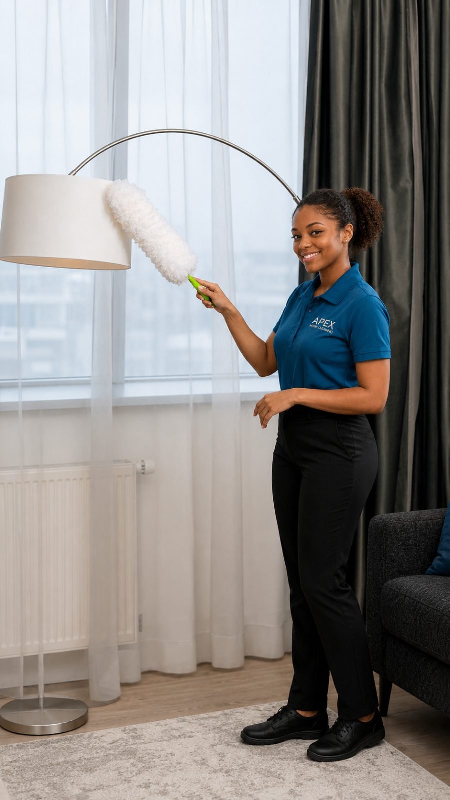 Apex Home Cleaning professional dusting a floor-lamp shade in a San Jacinto living room