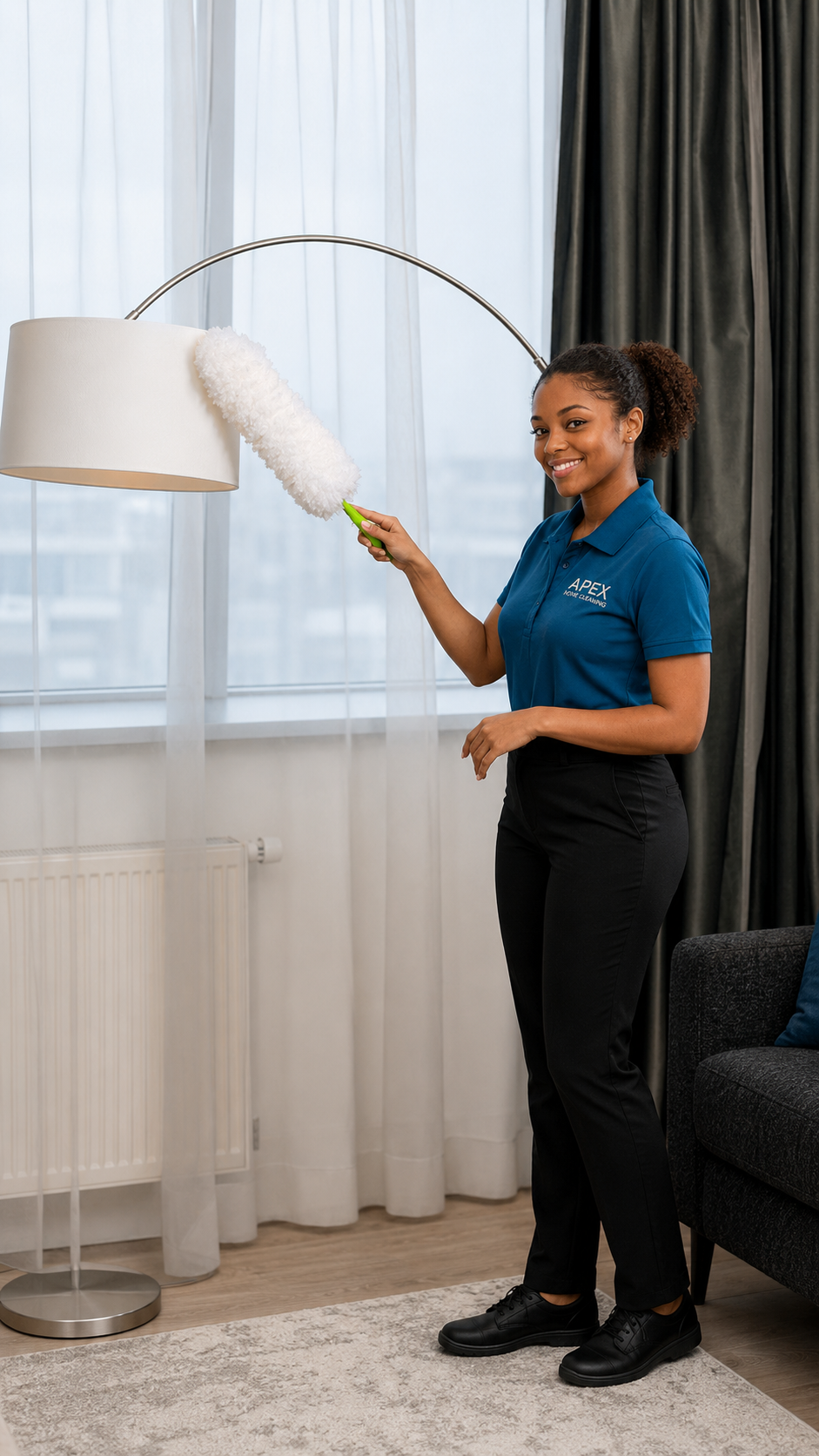 Apex Home Cleaning professional dusting a floor-lamp shade in a San Jacinto living room
