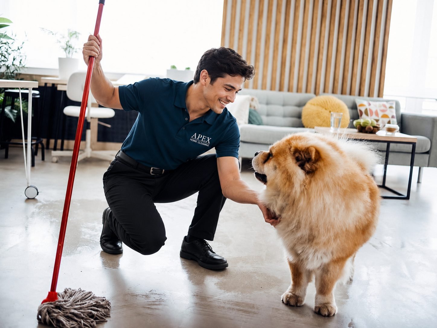 Apex professional pausing to greet a friendly dog while mopping the floor in a San Jacinto home